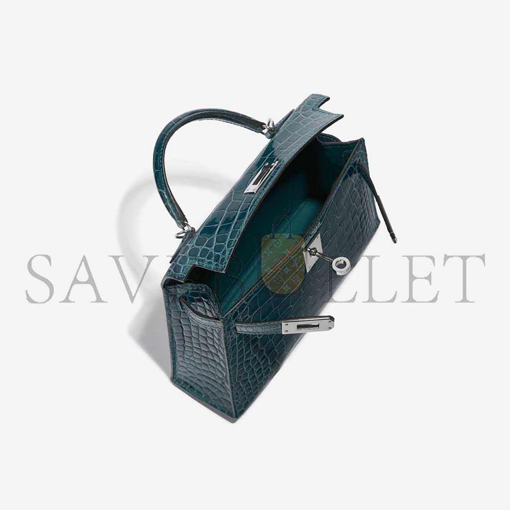 HERMÈS MASTER KELLY MINI II SILVER BUCKLE SHINY CROCODILE BOSPHORUS GREEN (19*12*5.5cm)